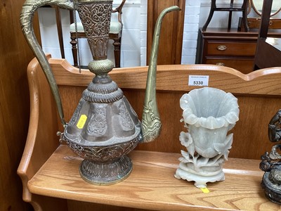Lot 5092 - Group of oriental items including a Tibetan bronze Buddha, copper ewers etc