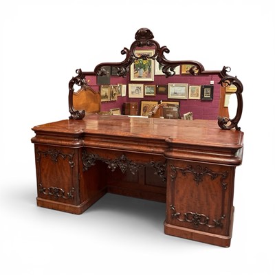 Lot 1327 - Large Victorian carved mahogany mirror back sideboard, with arched mirror back and three flush drawers to inverted breakfront, with cupboards below and carved frieze, 222cm wide x 74cm deep
