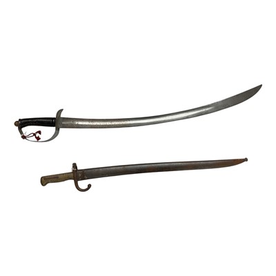 Lot 866 - 19th century Indian Mountain Artillery Sword, together with a French 1866 pattern Chassepot bayonet, (2).