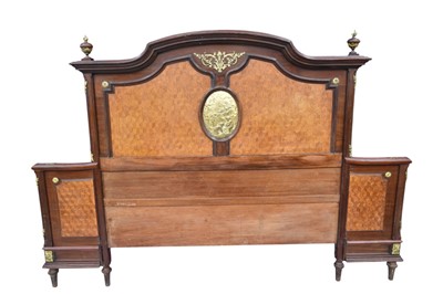 Lot 1326 - Early 20th century parquetry and ormolu mounted bedhead, approximately 219cm wide x 152cm high
