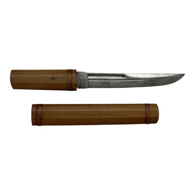 Lot 867 - Antique Japanese tanto dagger, the steel blade signed with character marks, in wooden sheath with bamboo decoration, the blade approximately 14.5cm in length.