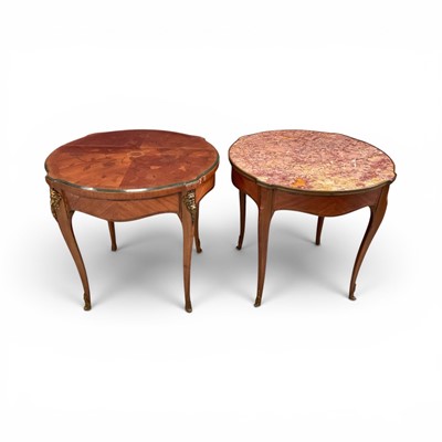 Lot 1324 - Early 20th century French walnut and marquetry topped occasional table, raised on cabriole legs, together with another similar