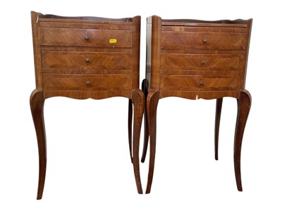 Lot 5335 - Pair of French style three drawer bedside chests on slender cabriole legs, 39cm wide, 31.5cm deep, 74cm high