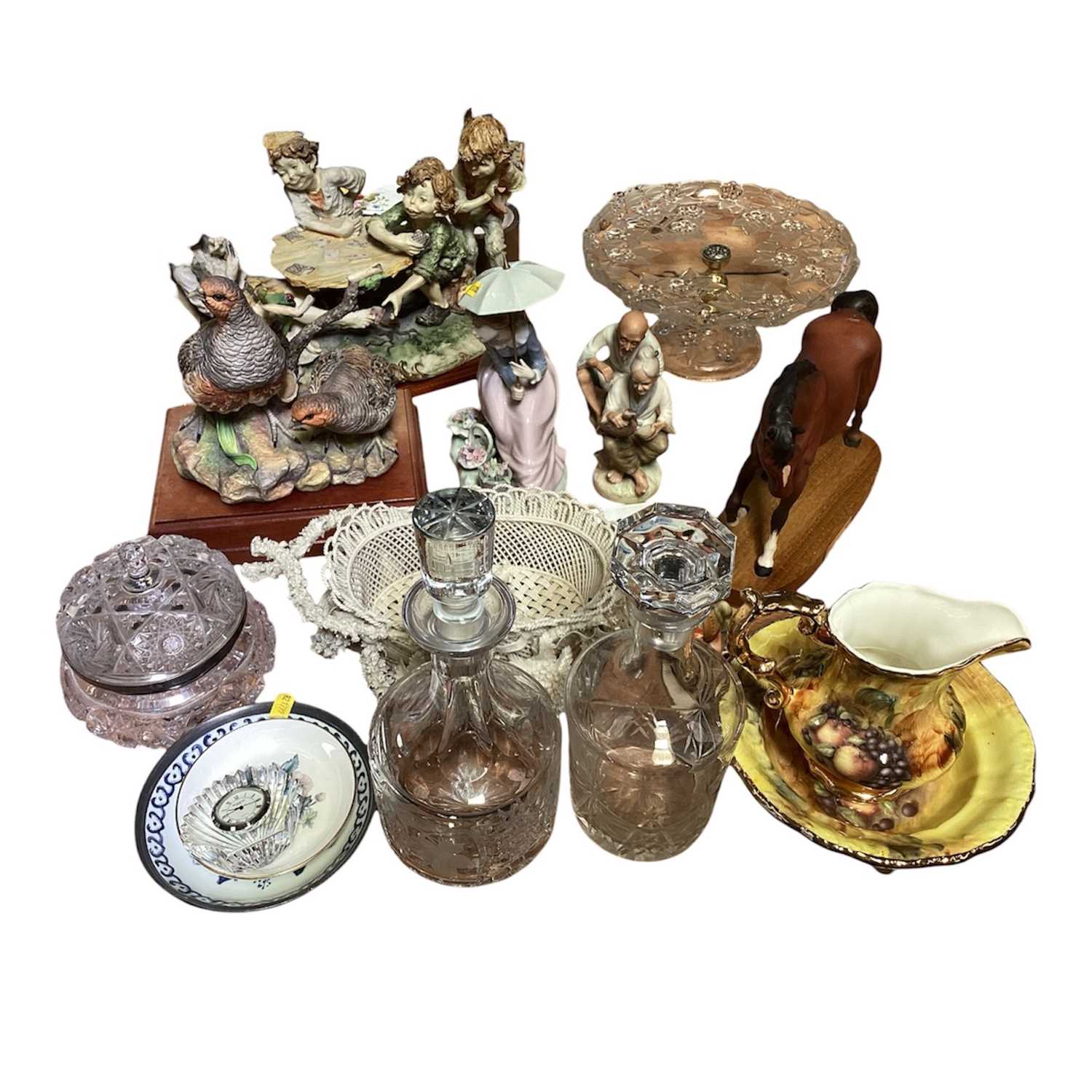 Lot 5093 - Collection of ceramics and glassware to include Nao figure, Beswick horse, Coalport figure of game birds, silver mounted glass bowl with lid and others