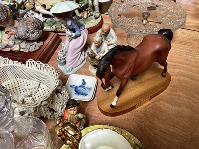 Lot 5093 - Collection of ceramics and glassware to include Nao figure, Beswick horse, Coalport figure of game birds, silver mounted glass bowl with lid and others