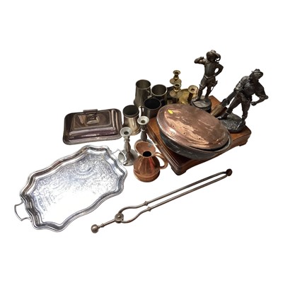 Lot 5162 - Two boxes of assorted metalwares to include silver plate, Spelter figures and warming pan, etc
