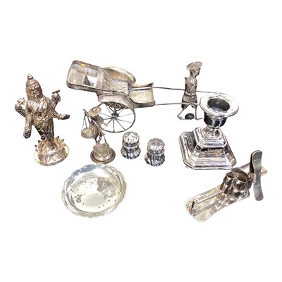 Lot 5094 - Group of silver and white metal, including a Chinese rickshaw and figures, sterling silver candle stick etc