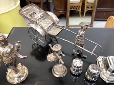 Lot 5094 - Group of silver and white metal, including a Chinese rickshaw and figures, sterling silver candle stick etc