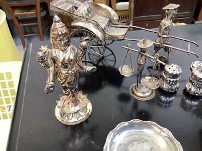 Lot 5094 - Group of silver and white metal, including a Chinese rickshaw and figures, sterling silver candle stick etc