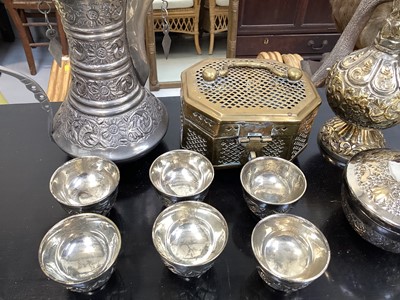 Lot 5095 - Group of Middle Eastern metalwares including a rose water sprinkler marked 'German silver', dallah etc