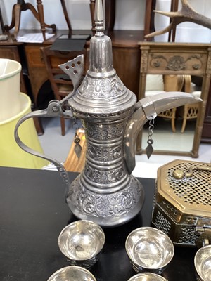 Lot 5095 - Group of Middle Eastern metalwares including a rose water sprinkler marked 'German silver', dallah etc