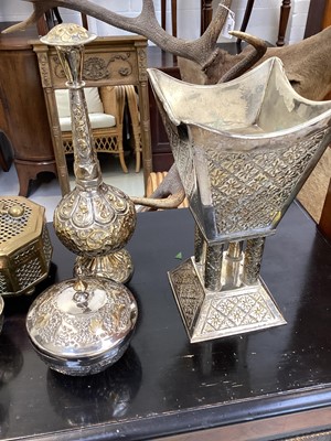 Lot 5095 - Group of Middle Eastern metalwares including a rose water sprinkler marked 'German silver', dallah etc