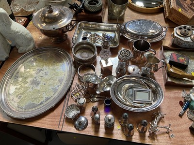 Lot 5196 - Group of silver plate, including a large Walker & Hall tureen, pair of wine coasters, etc