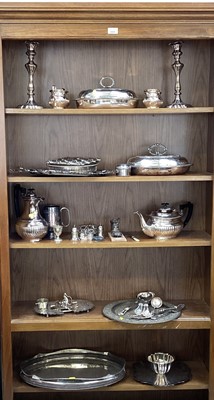 Lot 5096 - Group of silver plate including a four piece tea and coffee set, tureens, pair of Elkington candle sticks etc