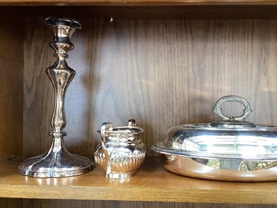 Lot 5096 - Group of silver plate including a four piece tea and coffee set, tureens, pair of Elkington candle sticks etc