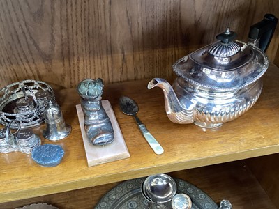 Lot 5096 - Group of silver plate including a four piece tea and coffee set, tureens, pair of Elkington candle sticks etc