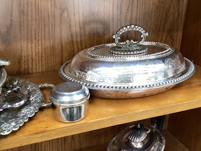 Lot 5096 - Group of silver plate including a four piece tea and coffee set, tureens, pair of Elkington candle sticks etc