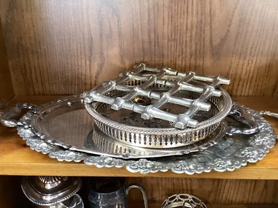 Lot 5096 - Group of silver plate including a four piece tea and coffee set, tureens, pair of Elkington candle sticks etc