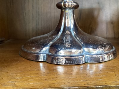Lot 5096 - Group of silver plate including a four piece tea and coffee set, tureens, pair of Elkington candle sticks etc