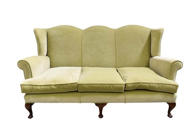 Lot 1308 - Queen Anne revival camel back settee, raised on cabriole legs, approximately 180cm wide