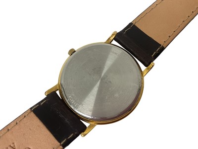 Lot 74 - Longines quartz wristwatch with circular gilt dial, baton markers and date aperture at 3 o'clock in a gold plated case with stainless steel back, 32mm diameter, on a replacement leather strap