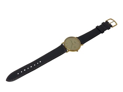Lot 74 - Longines quartz wristwatch with circular gilt dial, baton markers and date aperture at 3 o'clock in a gold plated case with stainless steel back, 32mm diameter, on a replacement leather strap