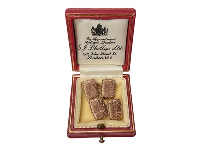 Lot 75 - Pair of Victorian rose gold cufflinks, the rectangular panels with engraved scroll decoration, in a red leather box