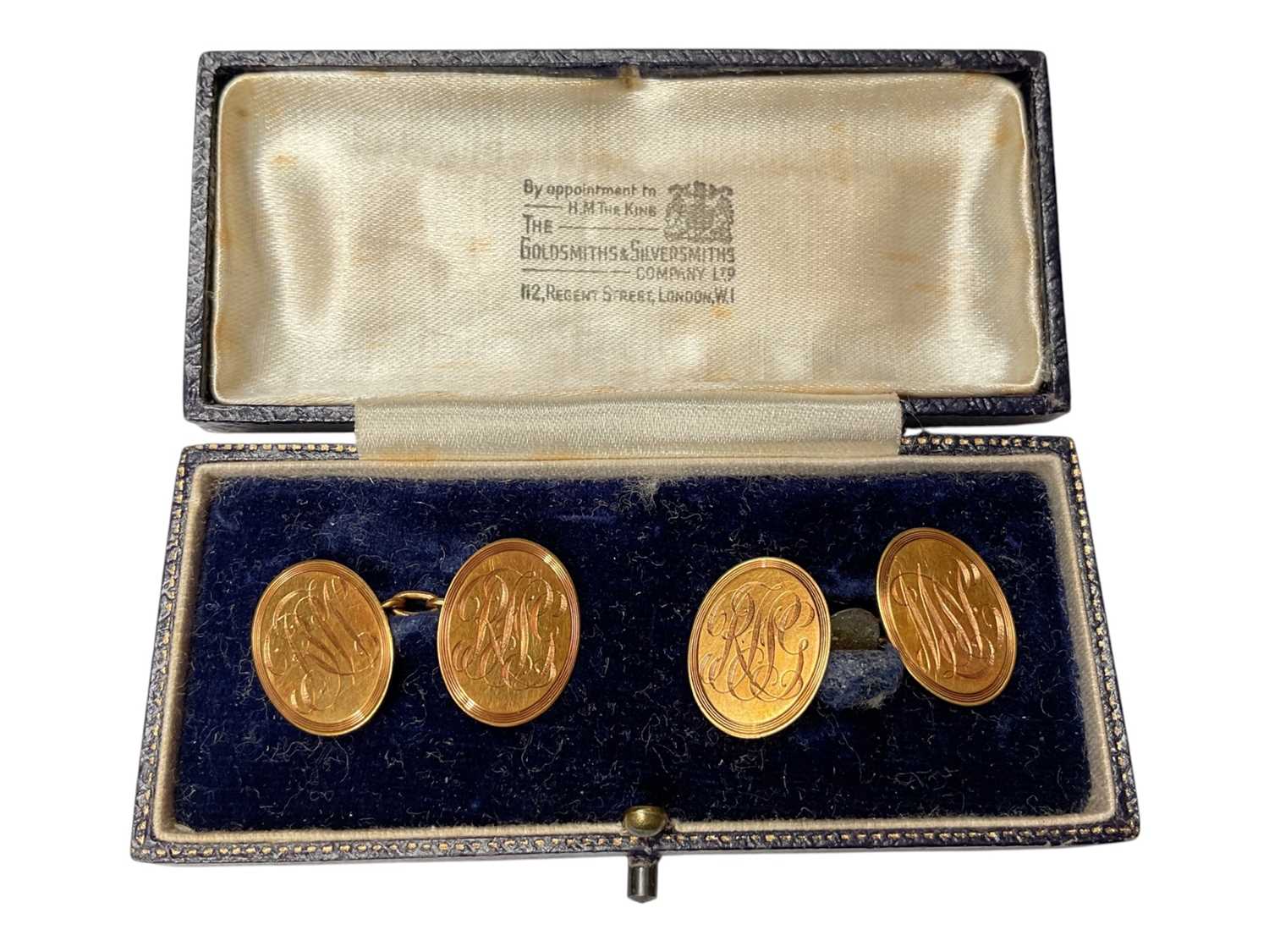 Lot 76 - Pair of Victorian 18ct gold oval cufflinks with engraved monograms (Birmingham 1865)