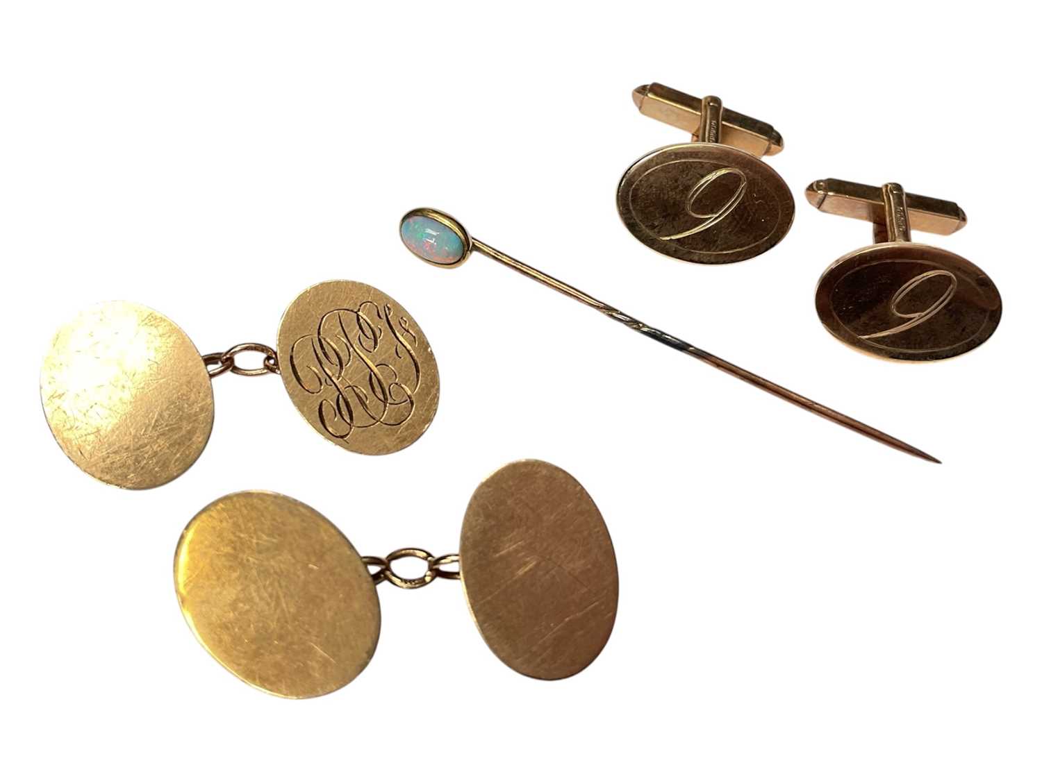 Lot 79 - Two pairs of 9ct gold cufflinks and a 9ct gold mounted opal stick pin