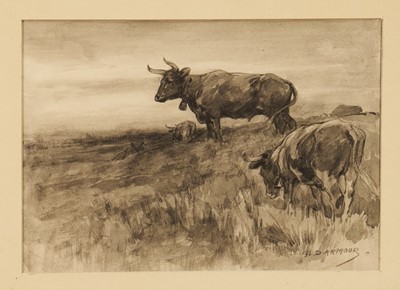 Lot 1174 - George Denholm Armour (1864-1949) monochrome watercolour illustration - 'The Belled Bullocks', signed, titled to mount, 15cm x 21cm