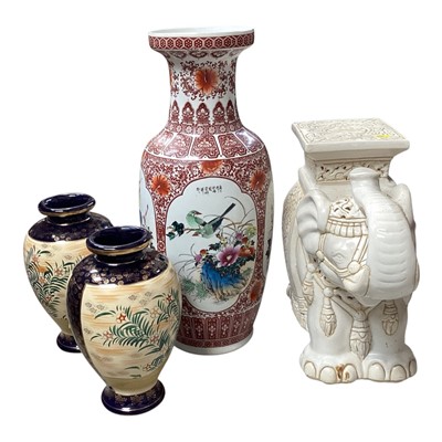 Lot 5097 - Ceramic elephant garden seat, together with a pair of Japanese satsuma vases and another oriental vase, (4).