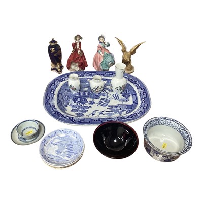 Lot 5106 - Two Royal Doulton figures, willow pattern meat plate, Graingers Worcester vase and cover and other ceramics.