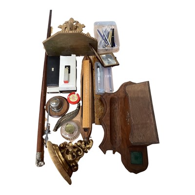 Lot 5098 - Two gilt wood wall brackets, group of pens and novelty walking stick with dogs head