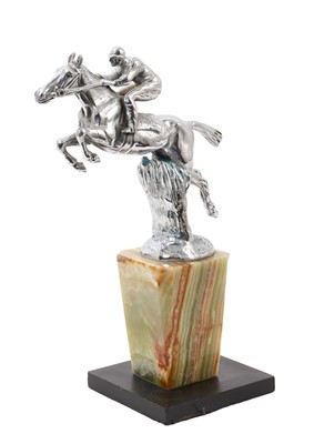 Lot 929 - Charles Paillet (1871-1937) chromium plated car mascot in the form of a horse and jockey, signed and stamped 'Copyright', on tapered onyx plinth and square slate base, 23cm high overall