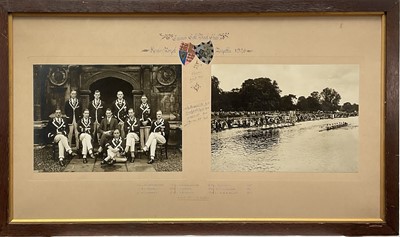 Lot 935 - Henley Royal Regatta 1920, pair of black and white photographs, Caius College Boat Club, titled in coloured ink, in glazed oak frame, 46cm x 78cm