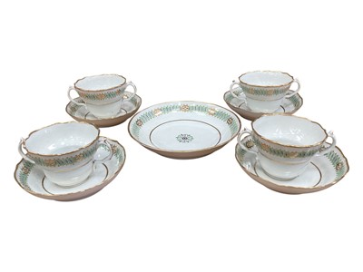 Lot 2202 - Set of four late 18th century Barr period Worcester porcelain two-handled hot chocolate cups and saucers and a matching dish