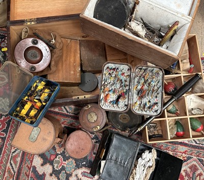 Lot 961 - Group of antique fishing related items including a brass and mahogany reel by Farlow, flies, antique fishing gaff, accessories and similar items