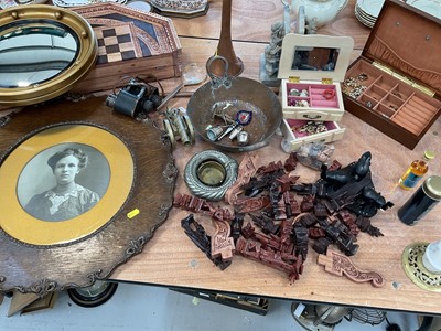 Lot 5213 - Sundry items, including an Eastern carved wooden chess set and board, costume jewellery, copper horn, manila bangle, etc
