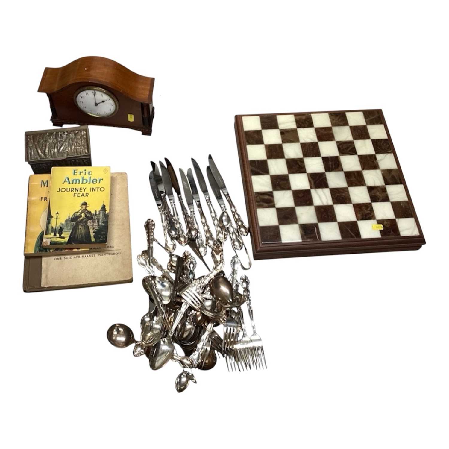 Lot 5179 - Edwardian French mantel clock together with silver plated cutlery etc