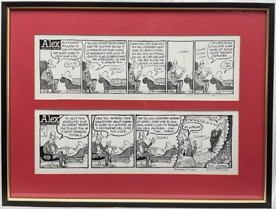 Lot 176 - Russell Taylor and Charles Peattie - Two original ‘Alex’ cartoon strips, signed, both 12cm x 38cm, in glazed frame.