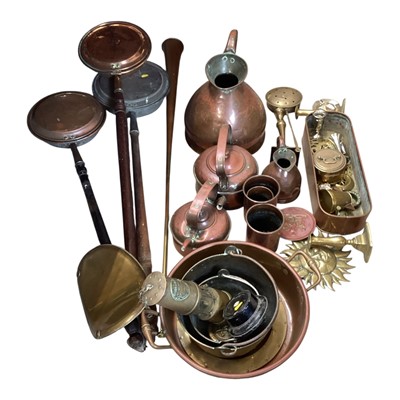Lot 5194 - Group of copper and brassware, including a 2 gallon copper jug, jam pen, kettles, etc