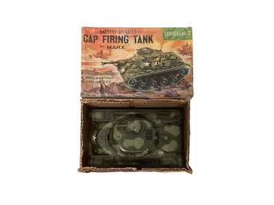 Lot 1870 - Marx Cap Firing Tank boxed, Corgi Chitty Chitty Bang Bang and Thunderbirds Fab 1, plus Diecast commercial vehicles. (1 box).