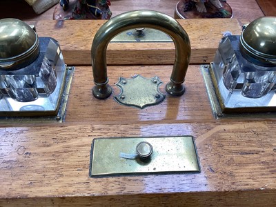 Lot 5100 - Edwardian oak inkstand with two cut glass bottles, 38cm wide
