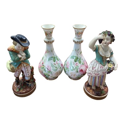 Lot 5101 - Pair of Victorian Staffordshire John Bevington figures, 25cm high, together with a pair of 19th century English porcelain vases painted with roses (4)