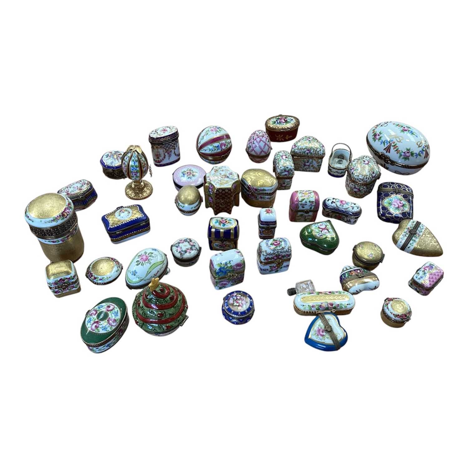 Lot 5106 - Good collection of porcelain and enamel trinket boxes and scent bottle caskets, including many by Limoges