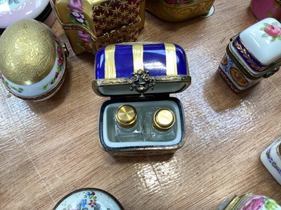 Lot 5106 - Good collection of porcelain and enamel trinket boxes and scent bottle caskets, including many by Limoges