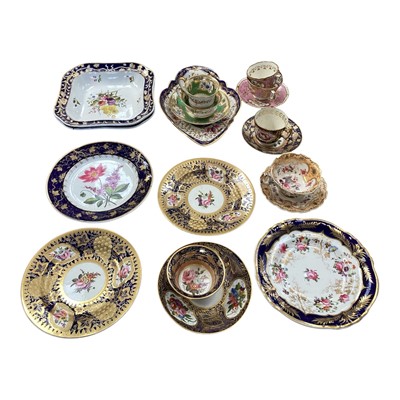 Lot 5109 - Group of English Regency floral painted porcelain, including a pair of square Spode dishes, a pair of Spode plates with gilt grapevines, H&R Daniel cup and saucer, etc