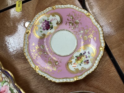 Lot 5109 - Group of English Regency floral painted porcelain, including a pair of square Spode dishes, a pair of Spode plates with gilt grapevines, H&R Daniel cup and saucer, etc