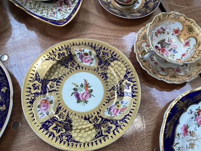 Lot 5109 - Group of English Regency floral painted porcelain, including a pair of square Spode dishes, a pair of Spode plates with gilt grapevines, H&R Daniel cup and saucer, etc