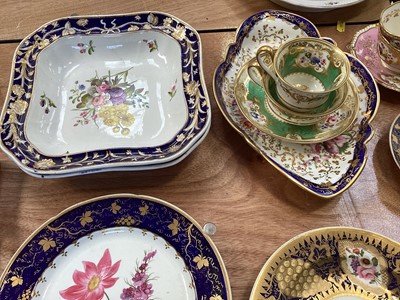 Lot 5109 - Group of English Regency floral painted porcelain, including a pair of square Spode dishes, a pair of Spode plates with gilt grapevines, H&R Daniel cup and saucer, etc